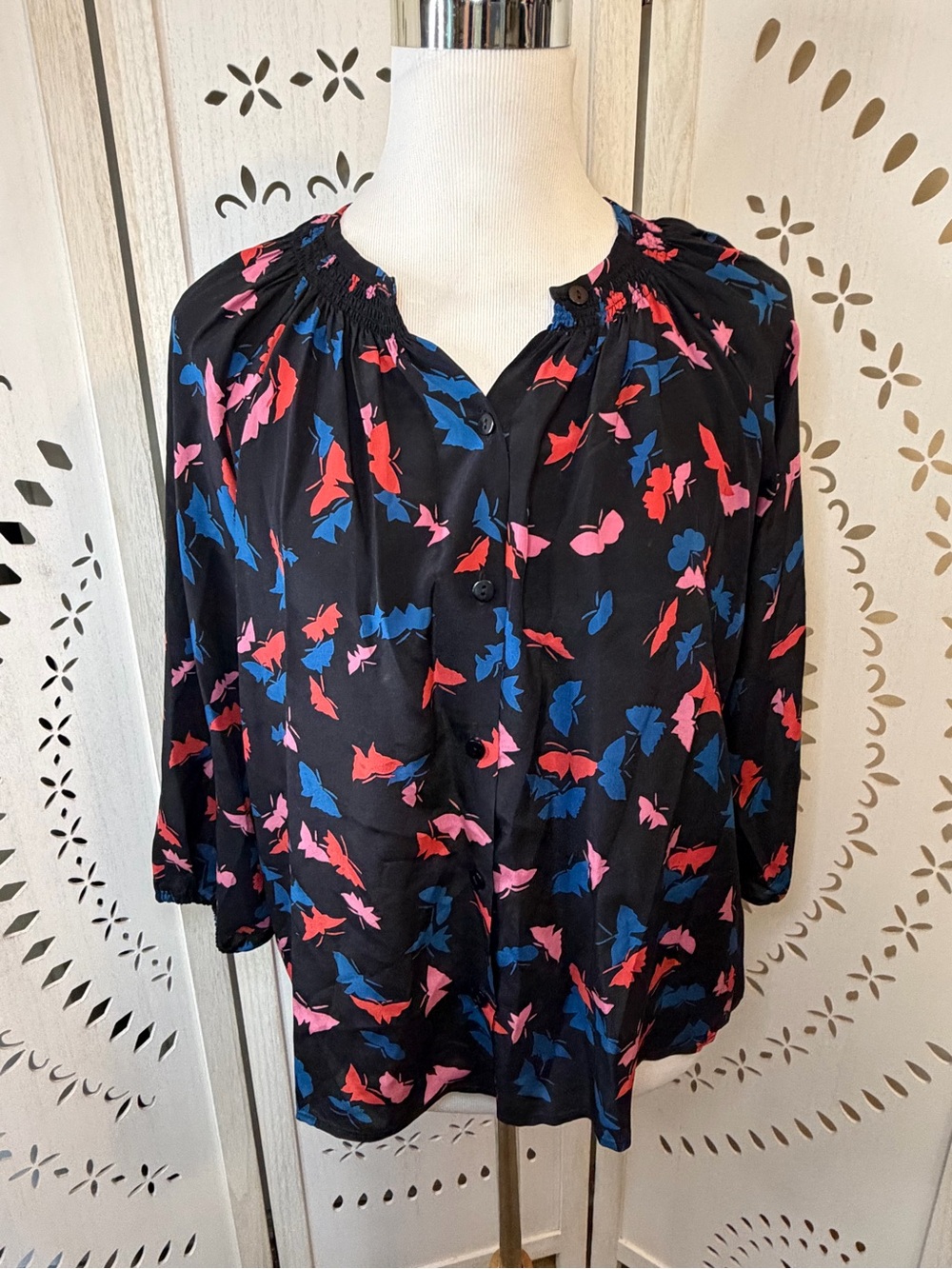 Tucker 100% Silk Butterfly Print Button Down Blouse